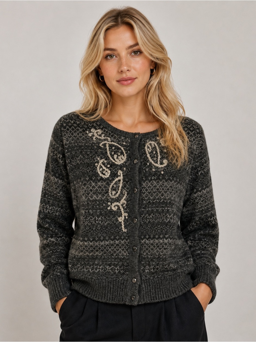 Eddie Bauer Cardigan Sweater Large Gray Embroidered Paisley Lambswool Cozy